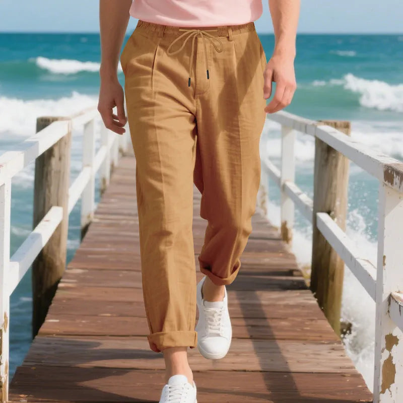 Men's linen casual pants in straight-leg style with drawstring waist in various colours