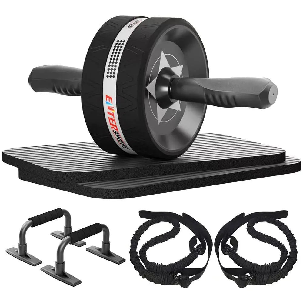 Indoor push-up bracket and abdominal wheel fitness set in red, green, black, or blue.