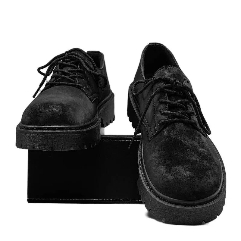 Men's black thick sole height increasing casual vulcanised shoes with buckle fastening and metal detail
