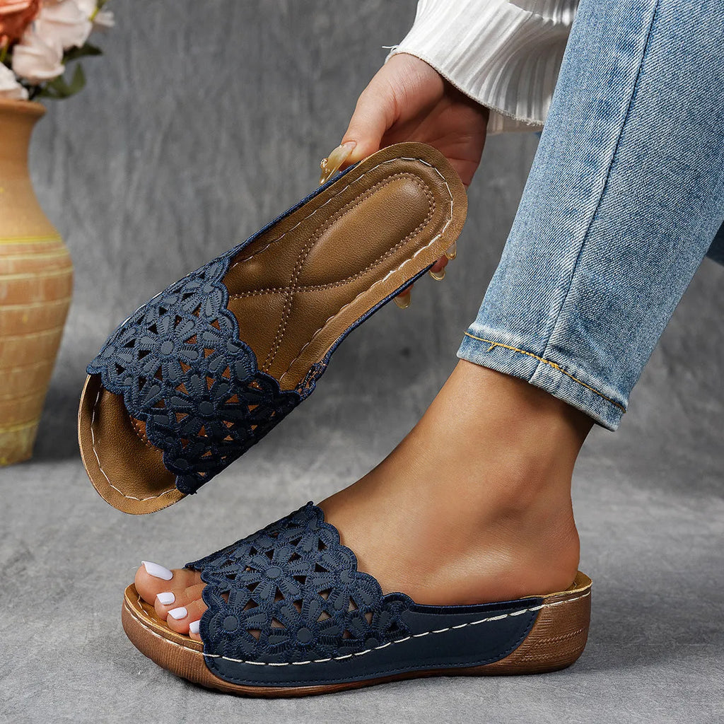Women's wedge beach slippers with flower cutout design and fish mouth toe in multiple colours