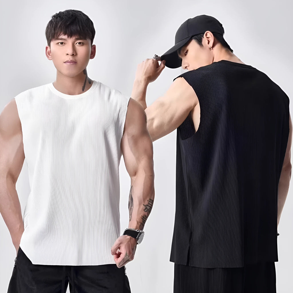 Men's sleeveless striped hooded vest in white or black, thin 100% polyester, sizes M to 3XL