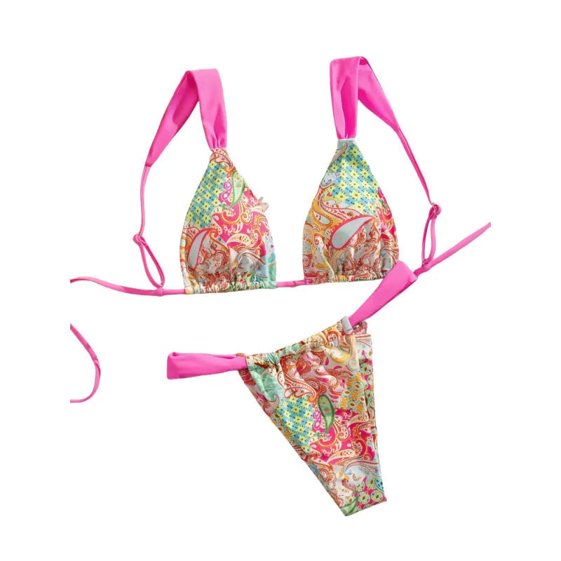 Floral print two-piece bikini set with polyester lining, backless briefs style, sizes XS to XL