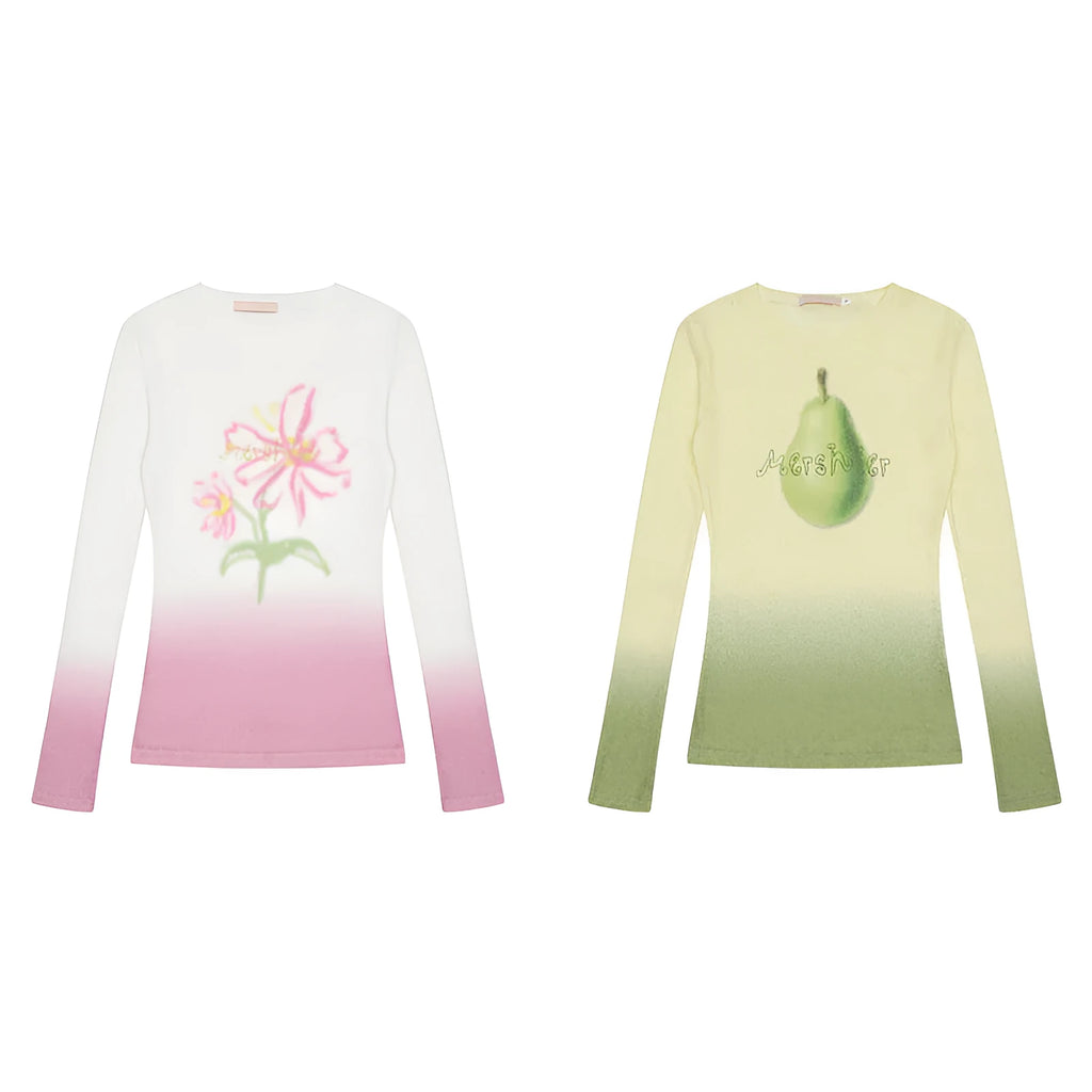 Women's yellow green gradient floral long-sleeved polyester T-shirt laid flat.