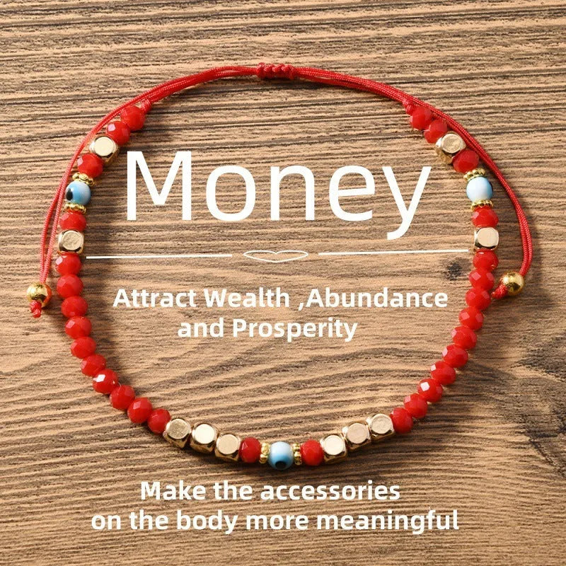 Red hand-woven artificial crystal beaded couple bracelet with geometric eye design in ins style