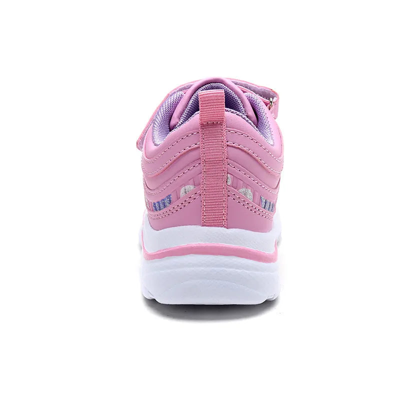 Kids soft sole sneakers in pink, purple, or black with faux leather upper, rubber sole, lace-up bandage design, mid heel 3-5cm, sizes 26-37