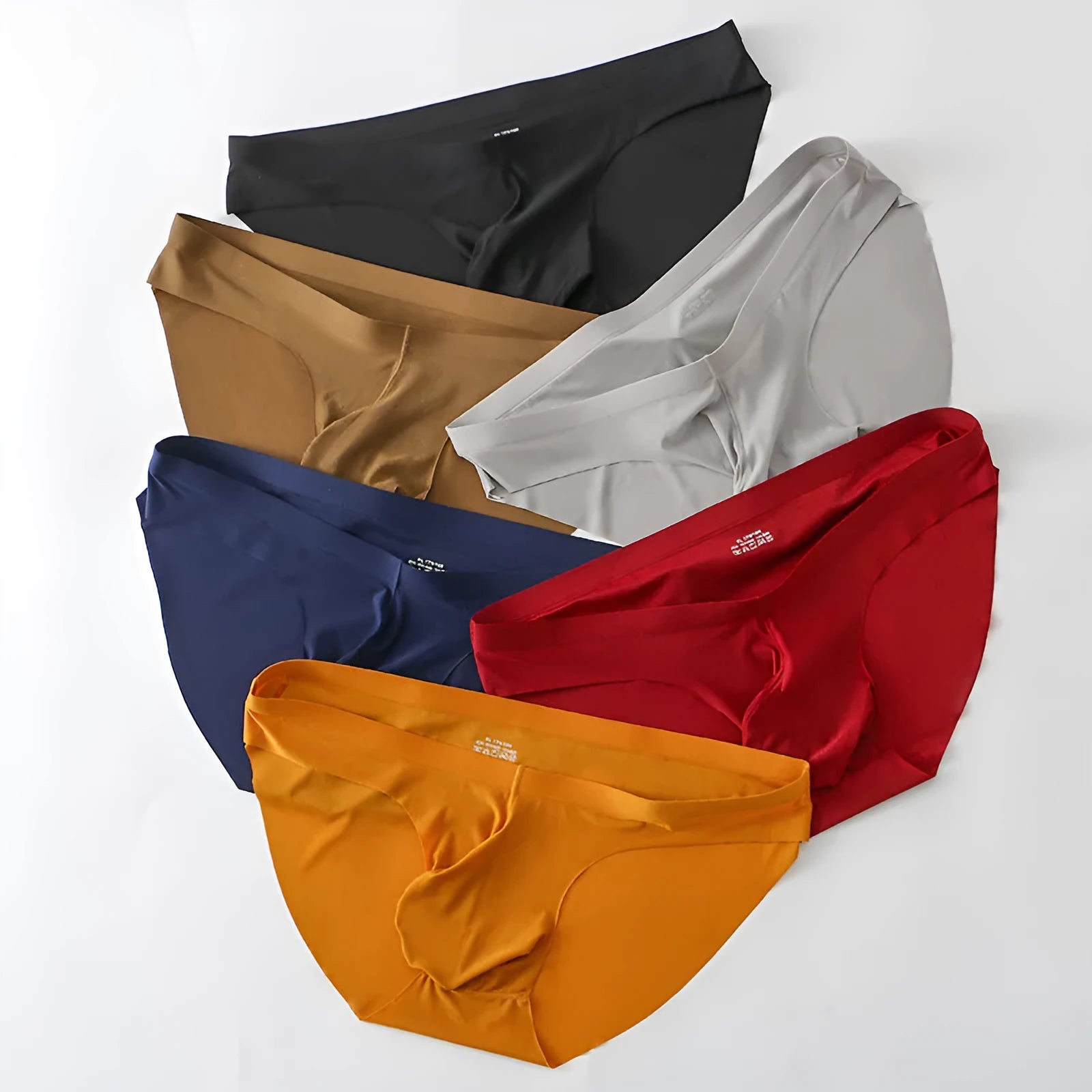 Ice silk seamless men's briefs in black with bulge support and quick-dry fabric.