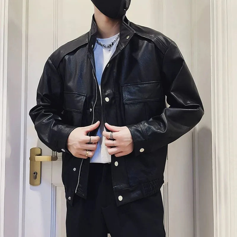 Korean style men's black PU leather pilot jacket with straight hem and side seam pockets