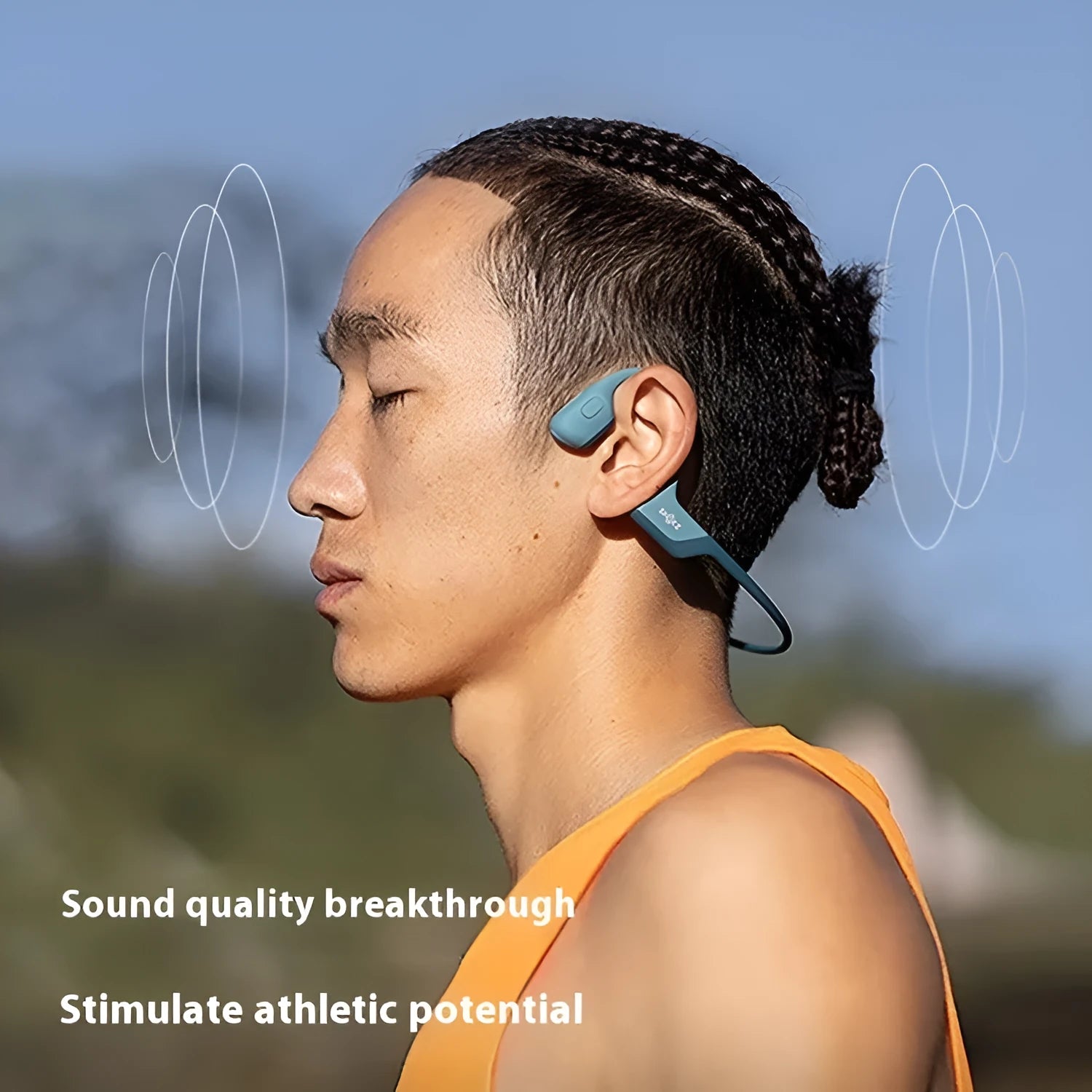 Bone conduction wireless earphones in Knight Black with titanium alloy frame, side view of open-ear design
