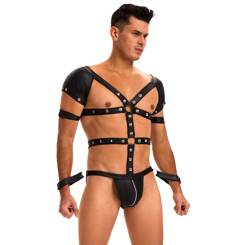 Men's black imitation leather bodysuit, three-point low cut uniform style, sizes M to XXL