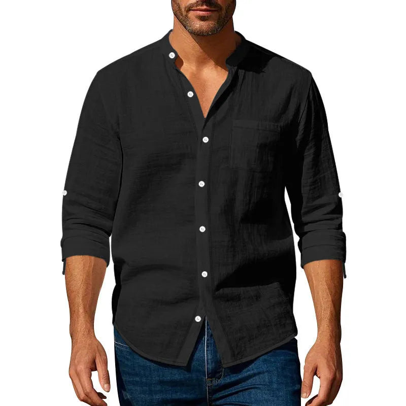 Men's long sleeve stand collar shirt with pockets in light blue, khaki, white, black or dark grey, sizes S to XXXL
