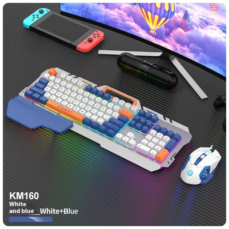 Blue wired gaming keyboard and mouse set with backlit keys on a desk
