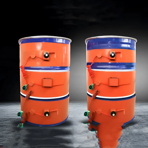 Flexible silicone rubber heating belt wrapped around a 200-litre oil drum with control unit visible