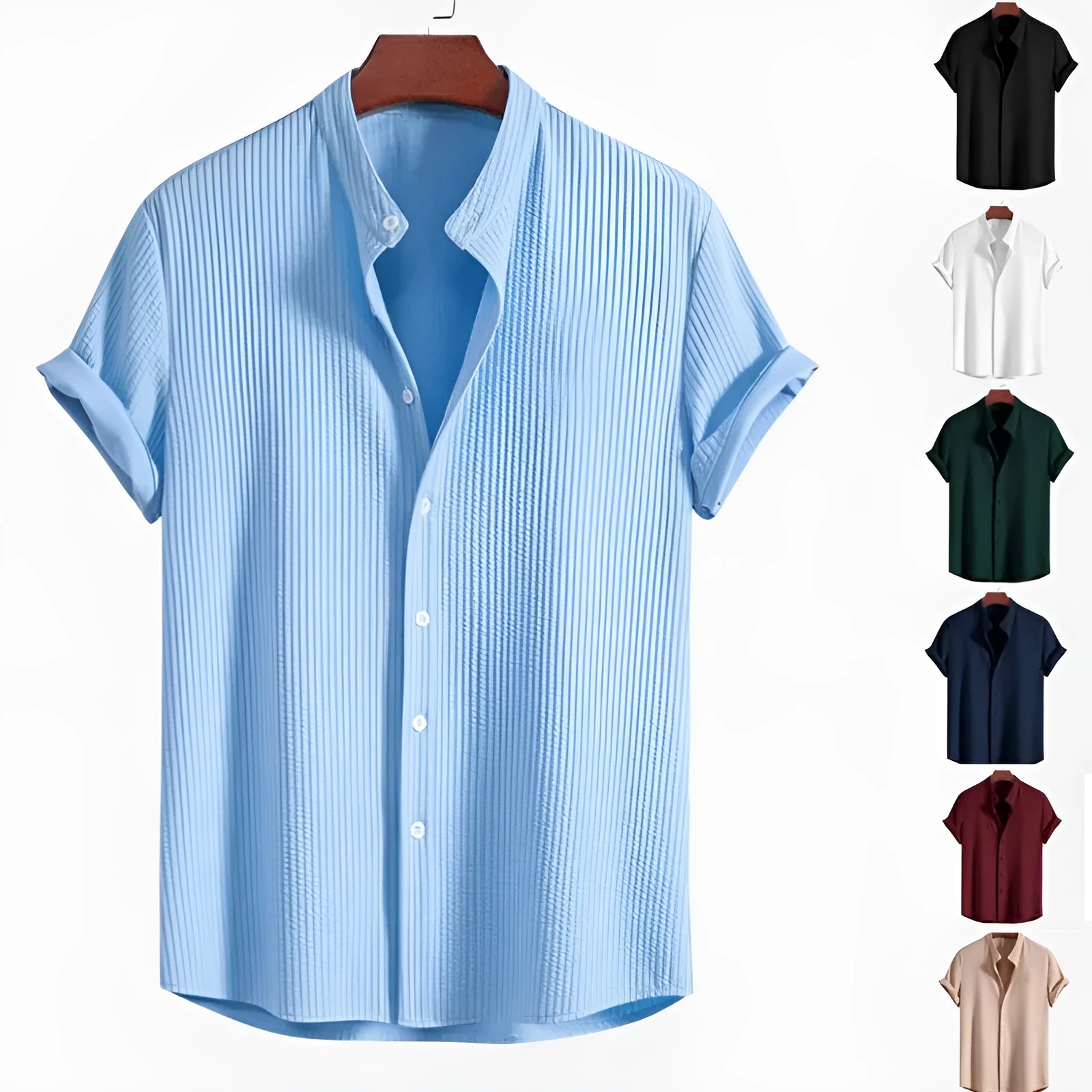 Men's loose-fitting short sleeve casual shirt in light blue polyester fabric.