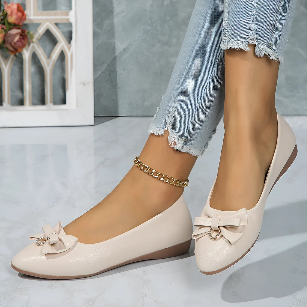 Women's flat casual bowknot shoes in beige with shallow mouth design and round toe