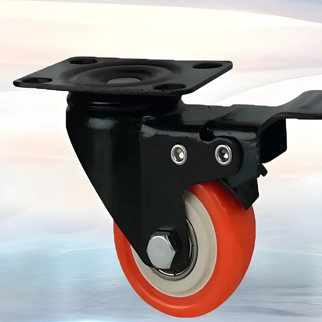 Red double bearing mute universal caster wheel in PP PU PVC, 1.5 to 5 inch, flat bottom or M8 M10 M12 screw fitting