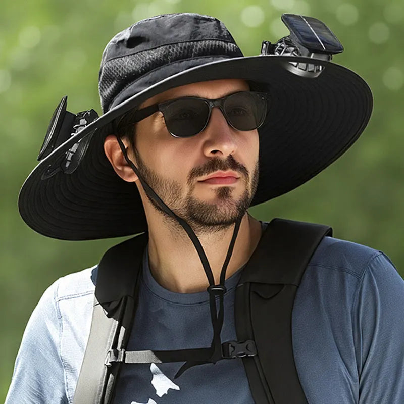 Solar-powered fan hat for men's outdoor fishing with USB charging port and adjustable brim