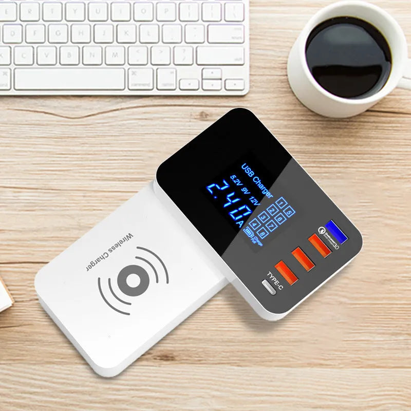 White multi-port USB fast charger with wireless charging surface and 1.5 metre cable