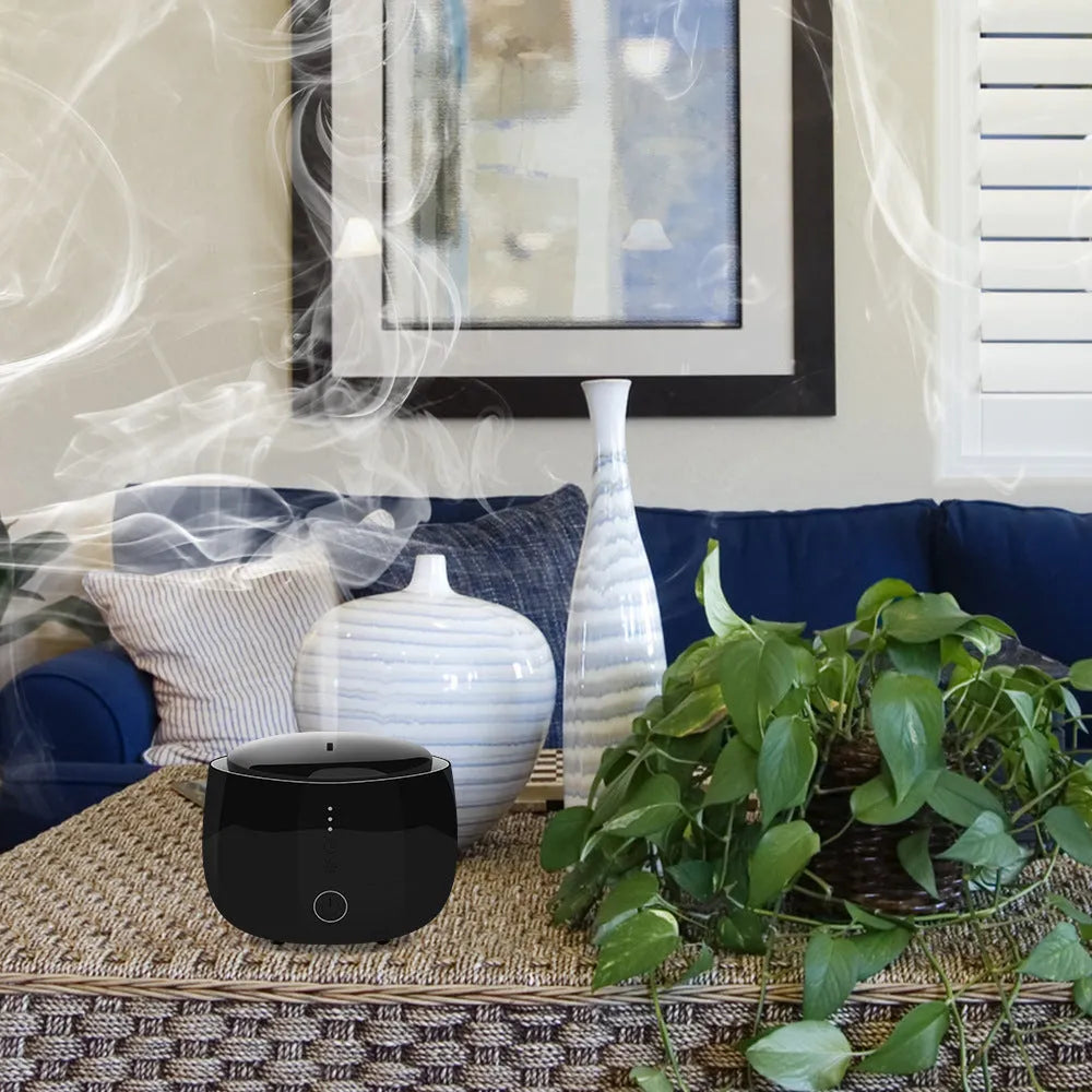 Black smart home aromatherapy humidifier with 300ml tank, LED lights, and touch control, 144mm base diameter.