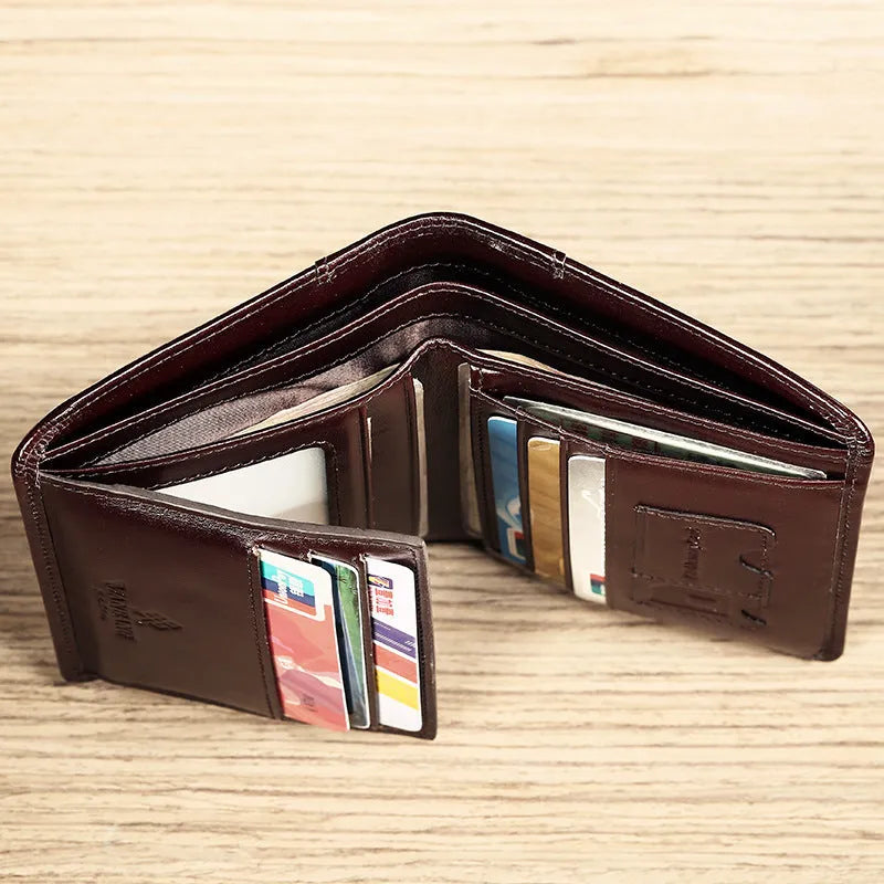 Men's black leather wallet showing multiple card slots, coin pocket, and document section
