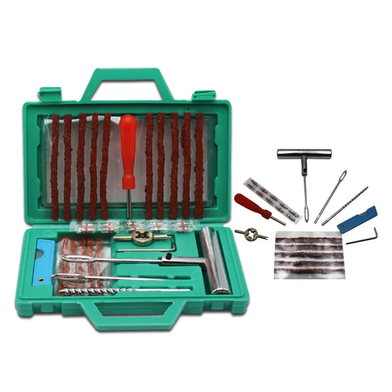 Car tyre repair kit with rubber strips, drill pin, solid handle, wrenches and storage box