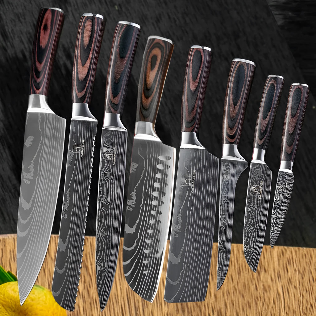 Kitchen chef knife with laser Damascus pattern on 5Cr15 steel blade and colour steel handle