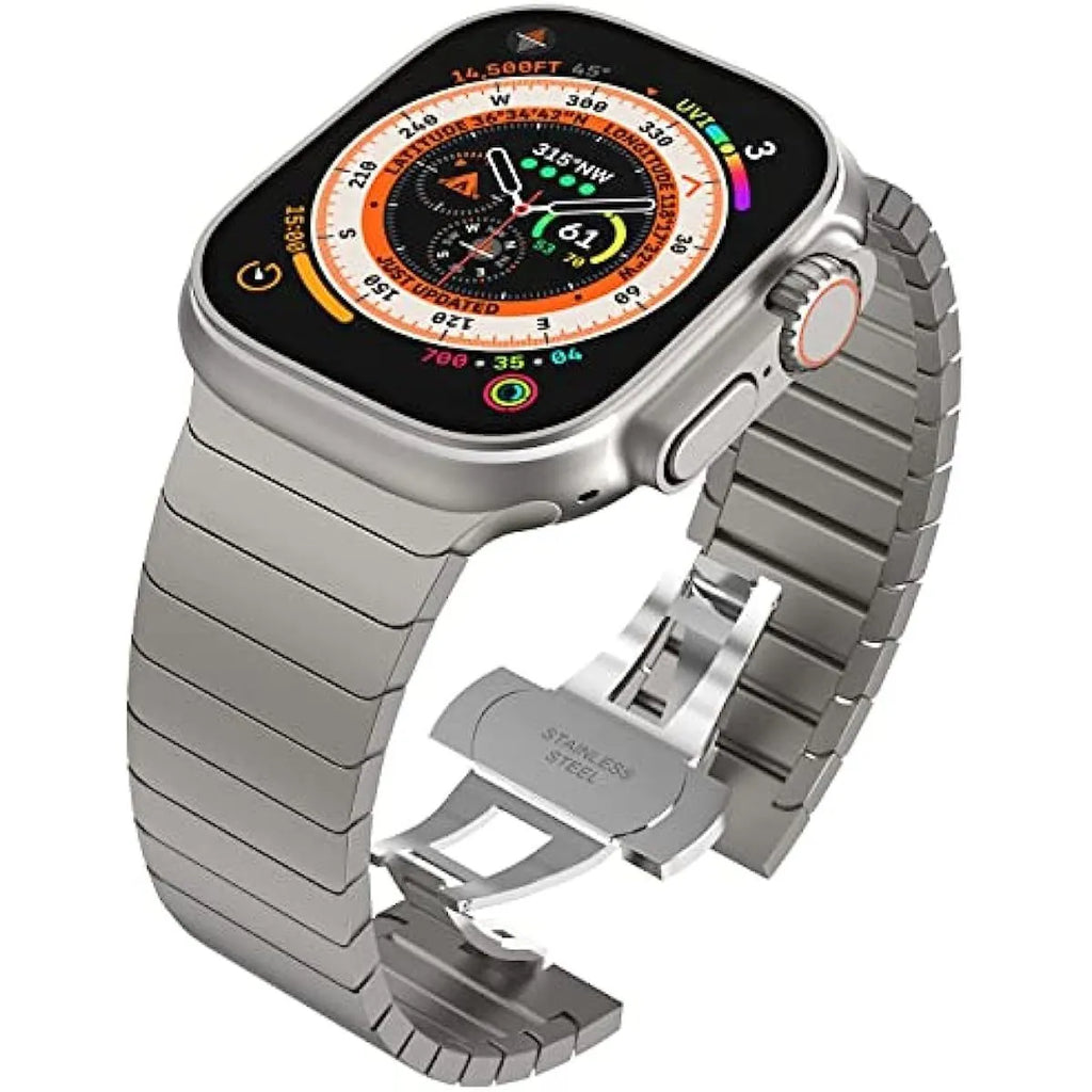 Stainless steel bamboo joint Apple Watch strap with butterfly clasp and one bead detail in seven colours