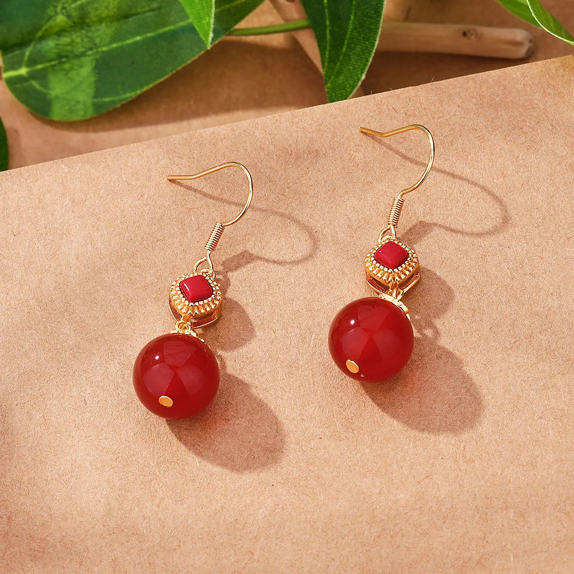 Southern red agate round bead earrings with geometric S925 silver jasper inlay