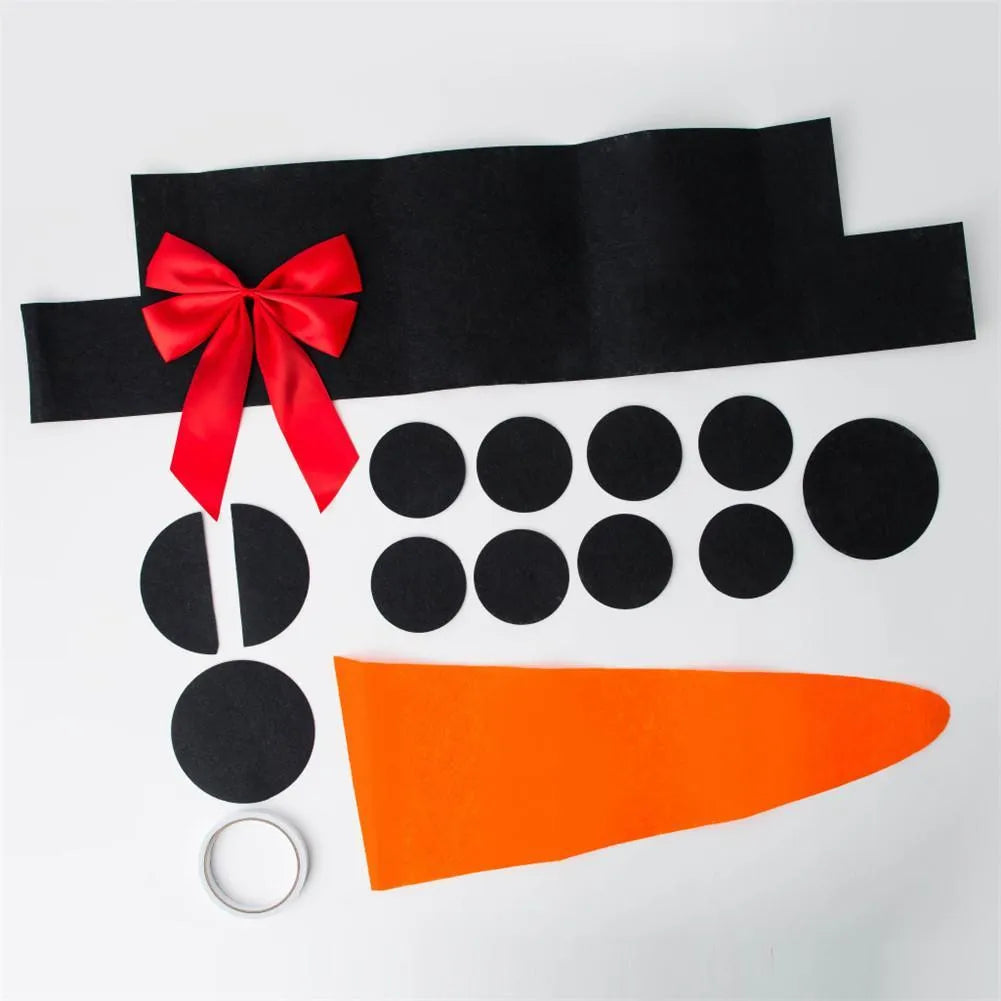 DIY Christmas snowman decoration 16-piece non-woven kit with 80x20cm hat, bow, nose, rounds, semi-circles and tape.