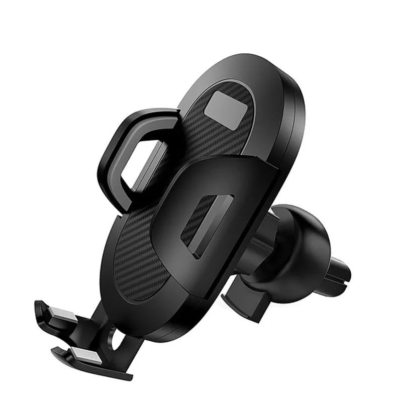 Black-grey car phone holder mounted on vehicle air vent with phone secured