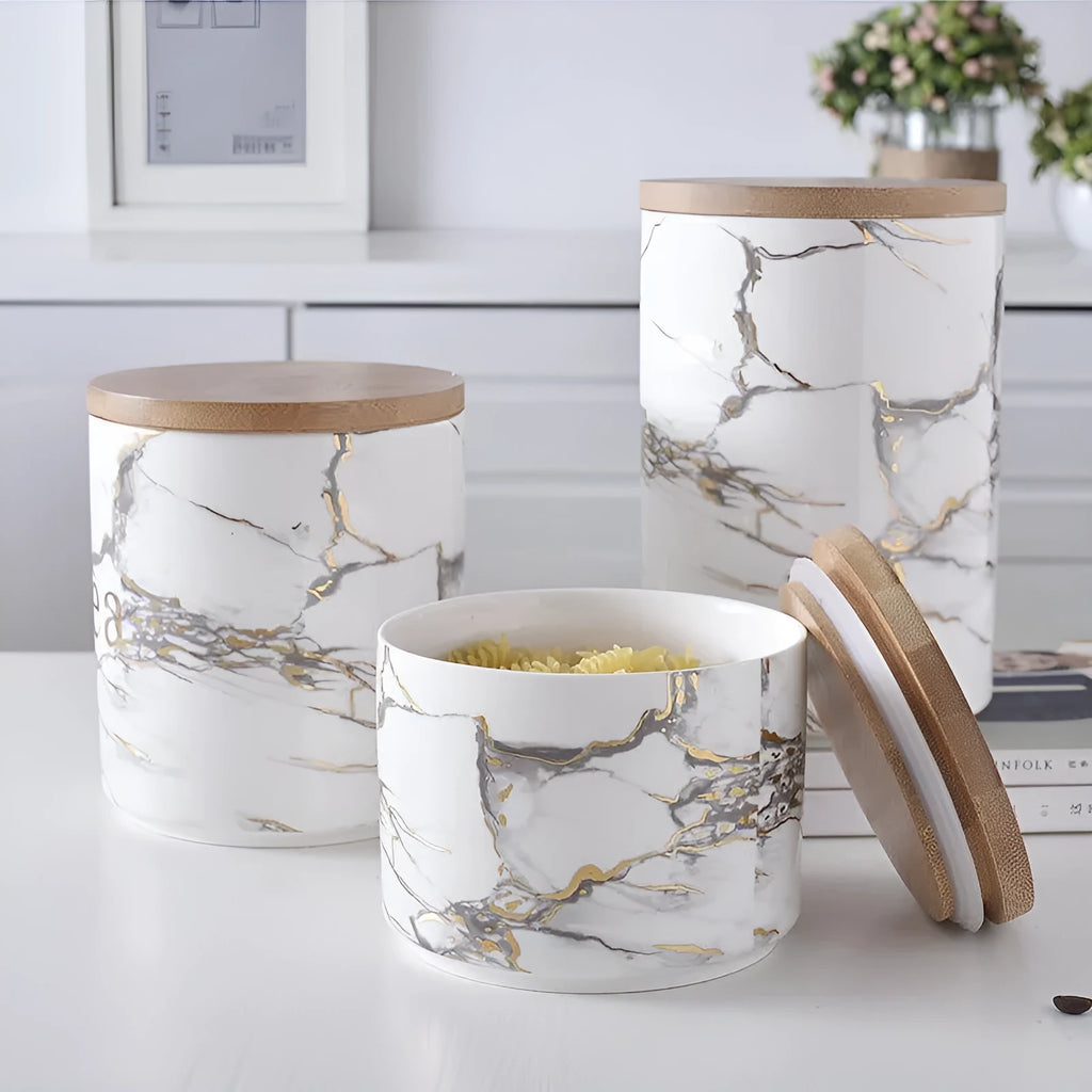 Marbled ceramic airtight jar with wooden lid in large, medium, and small sizes for kitchen storage