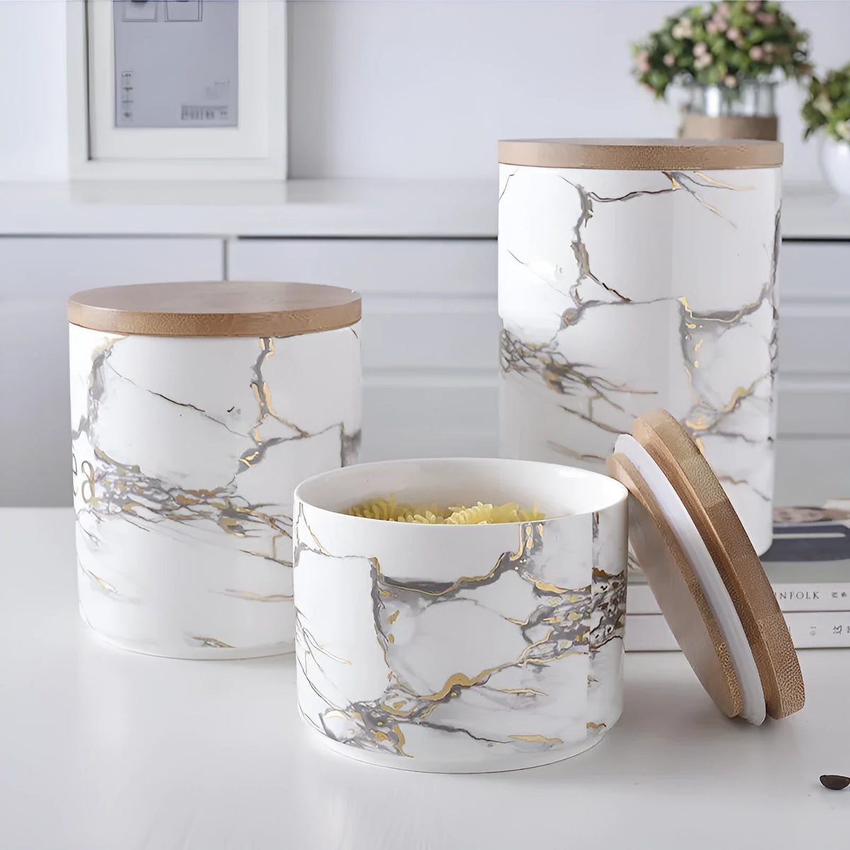 Marbled ceramic airtight jar with wooden lid in large, medium, and small sizes for kitchen storage