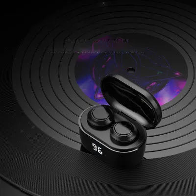 Black stereo Bluetooth headset with bilateral earplug design showing wireless earbuds