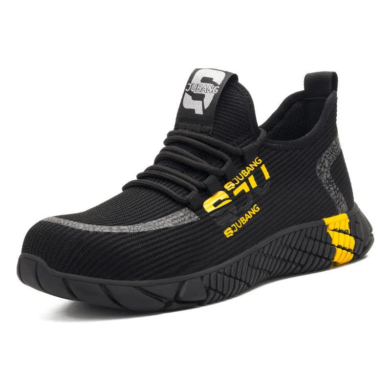 Men's fly textured anti-puncture work shoes in black and yellow, sizes 37 to 45