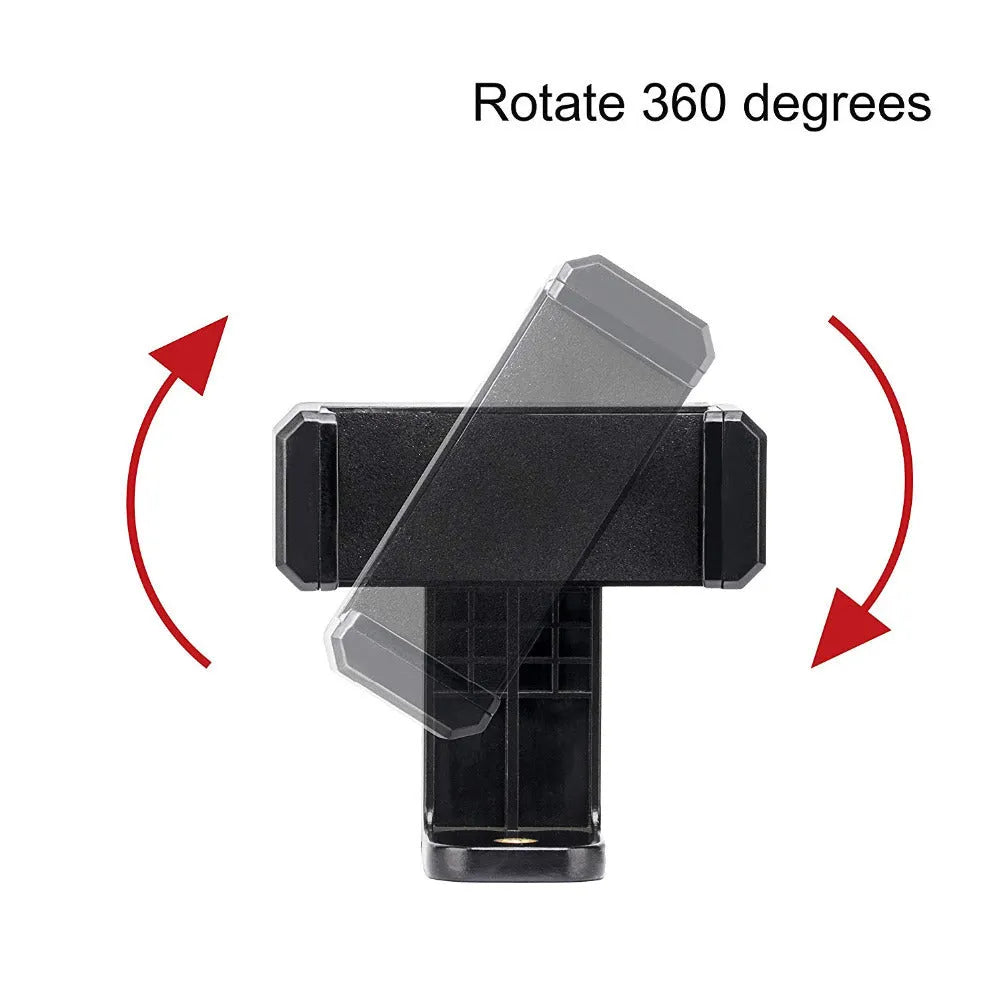 Black single phone holder with rotating clamp on a desk, measuring 10mm by 4mm by 3.5mm
