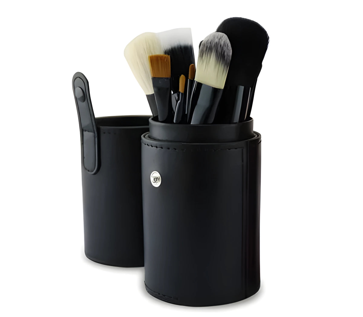 12-piece makeup brush set in PU cylinder tube with wool horse hair fibre heads, wooden handles, black and pink options