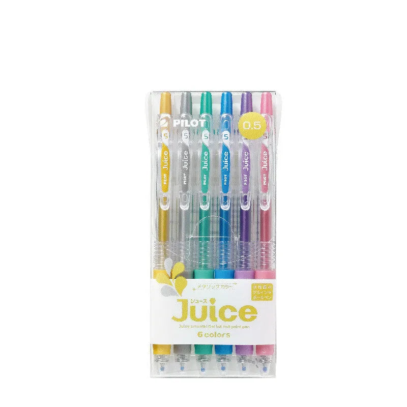 Six Juice Baiguole gel pens with 0.5mm fine tips in a metallic colour set