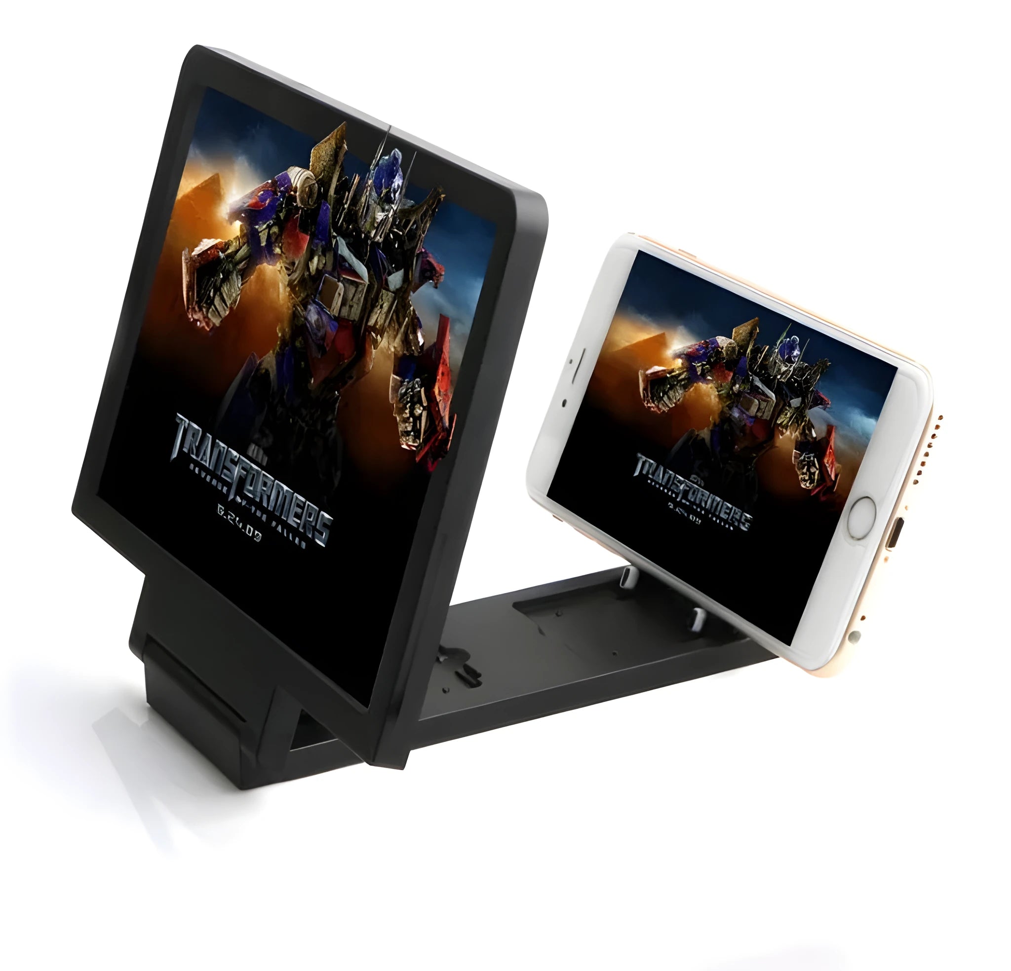 Black folding mobile phone stand with 3D screen amplifier on wooden desk