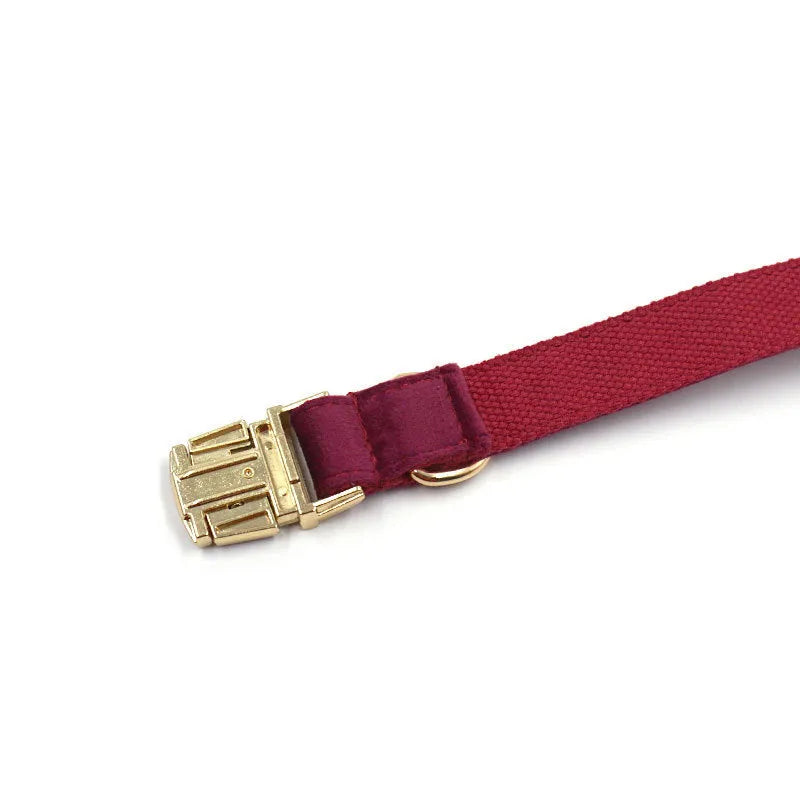 Soft burgundy velvet dog collar with gold metal clasp, available in XS to XL with optional engraving