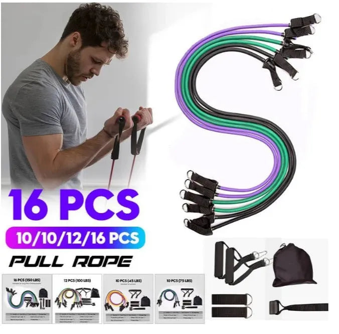 Latex resistance band set with colour-coded pull ropes, handles, foot rings, door buckle, storage bag
