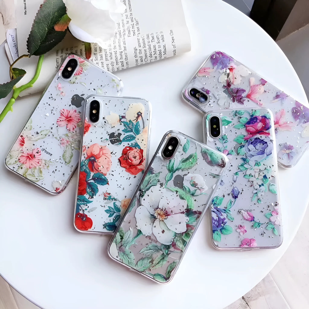 Gold foil epoxy flower and fruit TPU phone case for iPhone, multiple colour styles