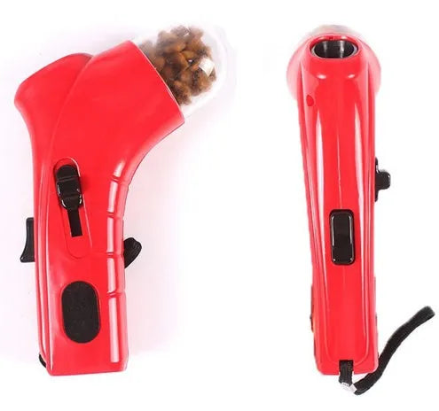 Pet treat launcher made of ABS plastic with spring-loaded trigger and wrist strap