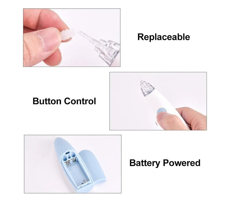 Rotating earwax vacuum cleaner with silicone spiral head, large blue handle, and LED light on display