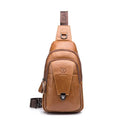 Men genuine brown leather crossbody bag with flap and clasp, 18x8x30cm, on model