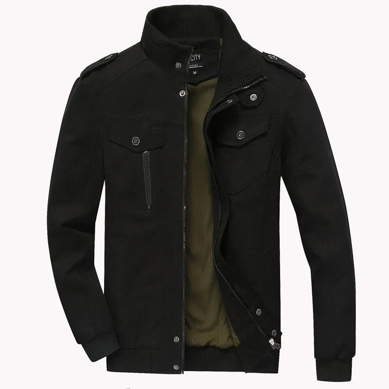 Men's winter bomber jacket in khaki, green or black, 100% cotton outer, polyester lining, long sleeve, badge detail, sizes M to 6XL.