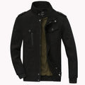 Men's winter bomber jacket in khaki, green or black, 100% cotton outer, polyester lining, long sleeve, badge detail, sizes M to 6XL.