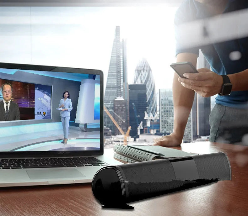 Black high-power Bluetooth soundbar speaker with compact rectangular design.