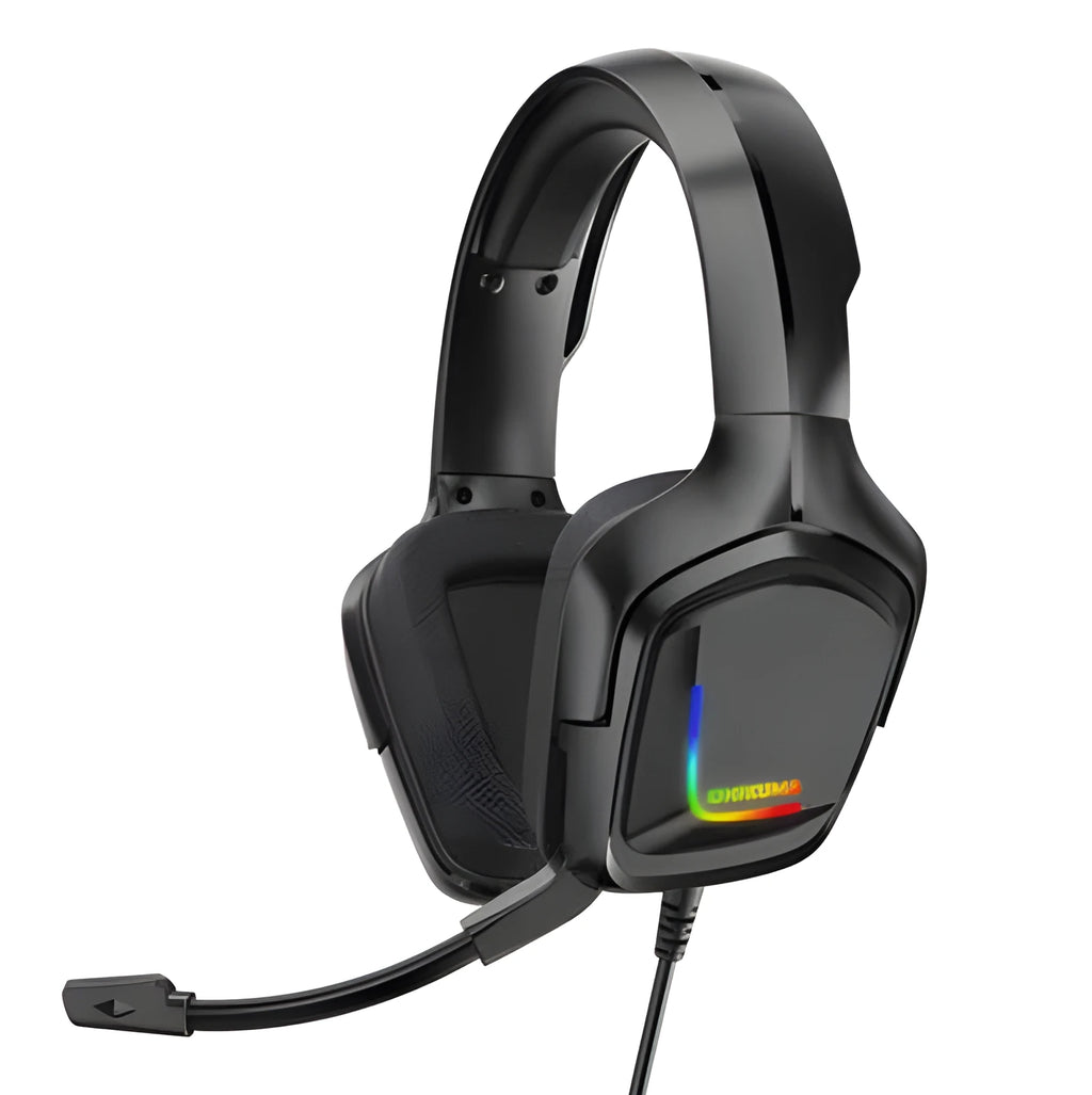 K20 RGB luminous wired over-ear gaming headset with microphone, cloth earmuffs, and braided cable in camouflage grey.