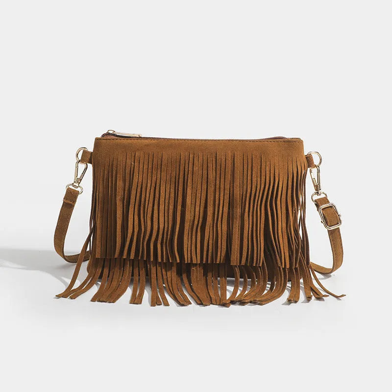 Matte brown women's messenger bag with tassel, horizontal square shape, single strap, 25cm sole length.