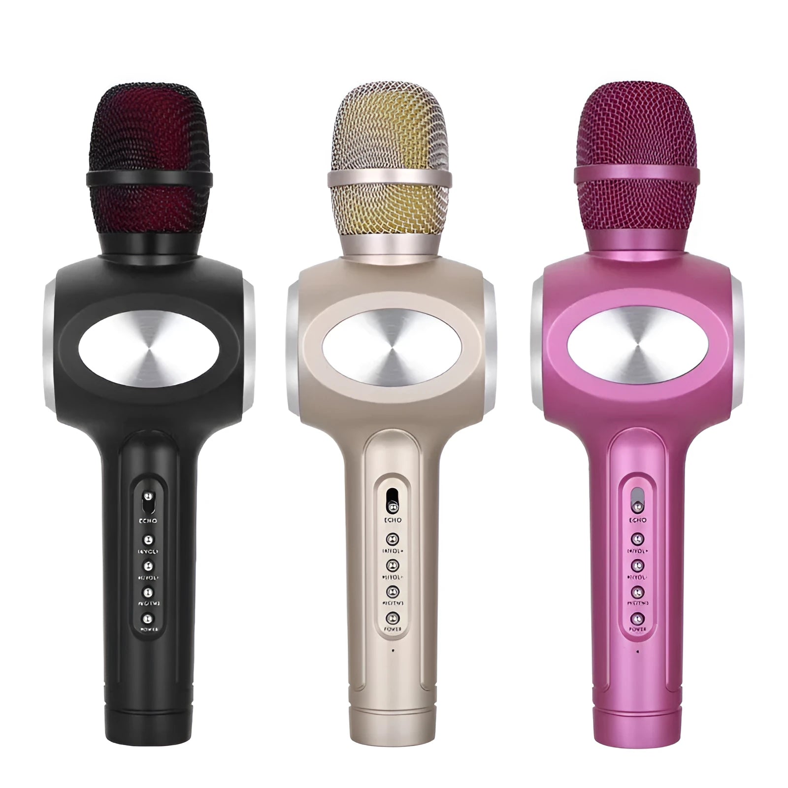 Yaerjia E108 handheld karaoke microphone in black, gold, or pink with rechargeable battery.