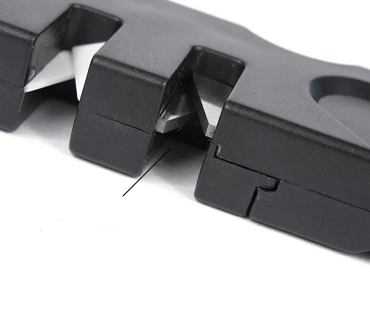 Pocket Pal compact knife sharpening tool in Black colour showing fold-out carbide blades ceramic stone and diamond rod